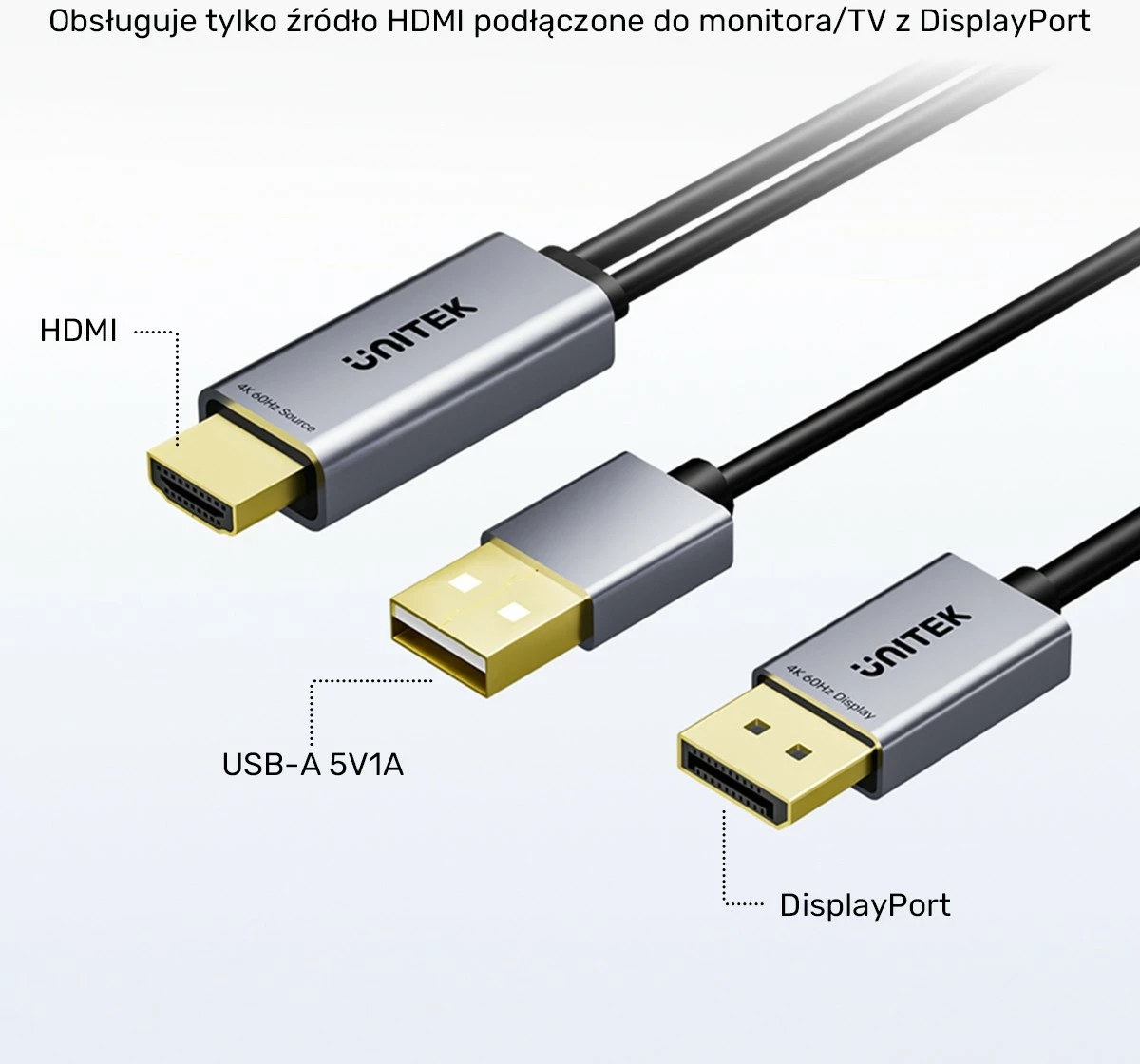 Kabllo Unitek HDMI në DisplayPort, 4K 60Hz, HDR, me furnizim USB-A, 1.8 m, e zezë-gri