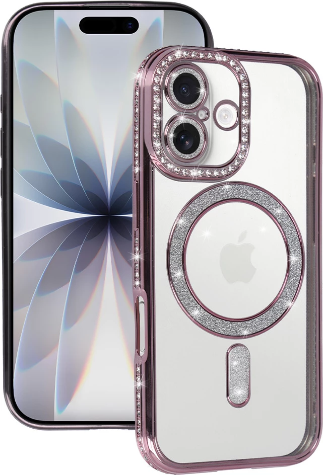 Mbështjellës silikoni ONASI 23884 për iPhone 17, MagSafe, rozë transparente me glitter