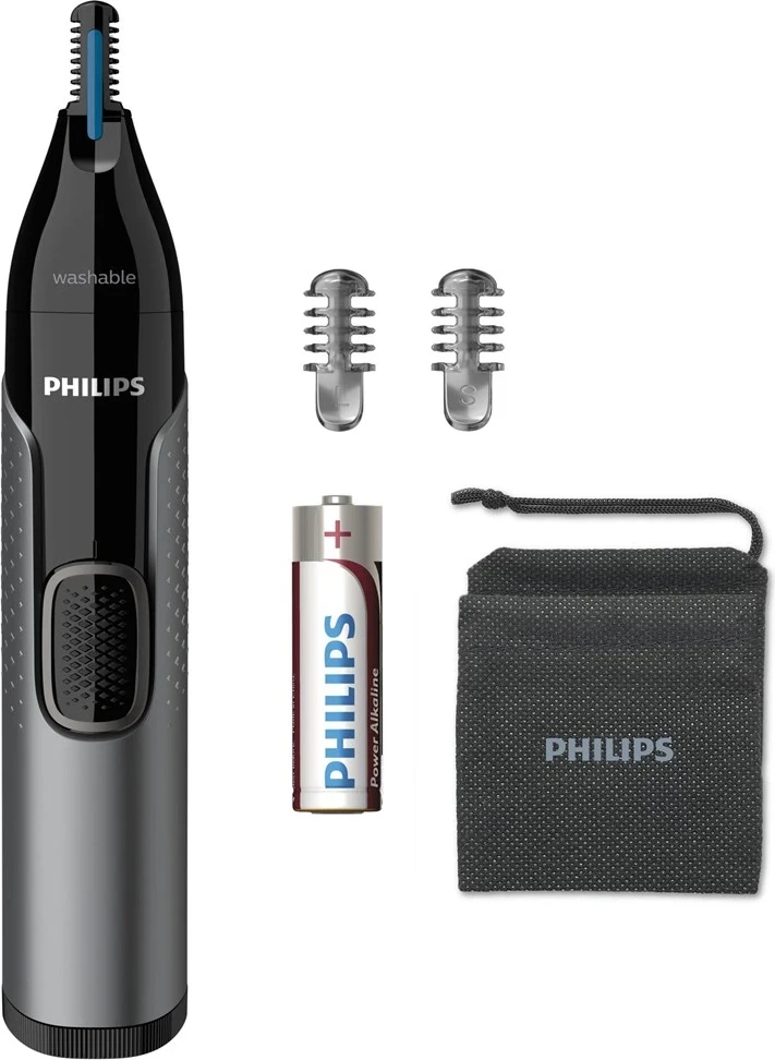 Makinë rroje për hundë/vesh/vetull Philips NT3650/16, me bateri AA, e larshme, Gri, set me 2 krehra + qese