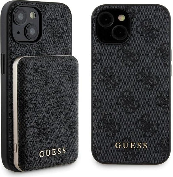 Mbështjellës Guess 4G Metal Logo me powerbank MagSafe 5000mAh për iPhone 15, Zi, Set