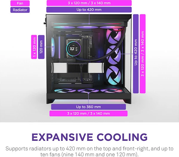 Kasë NZXT H9 Flow RGB, Midi Tower, ATX/EATX/micro ATX/Mini-ITX, xham i kalitur, e zezë