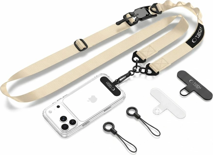 Litar crossbody për celular Tech-Protect C9S Rope Crossbody, i rregullueshëm 91–140 cm, nylon, kapëse magnetike, MOLLE, Beige, set me 2 adapter nën mbështjellës + 2 loop adapter
