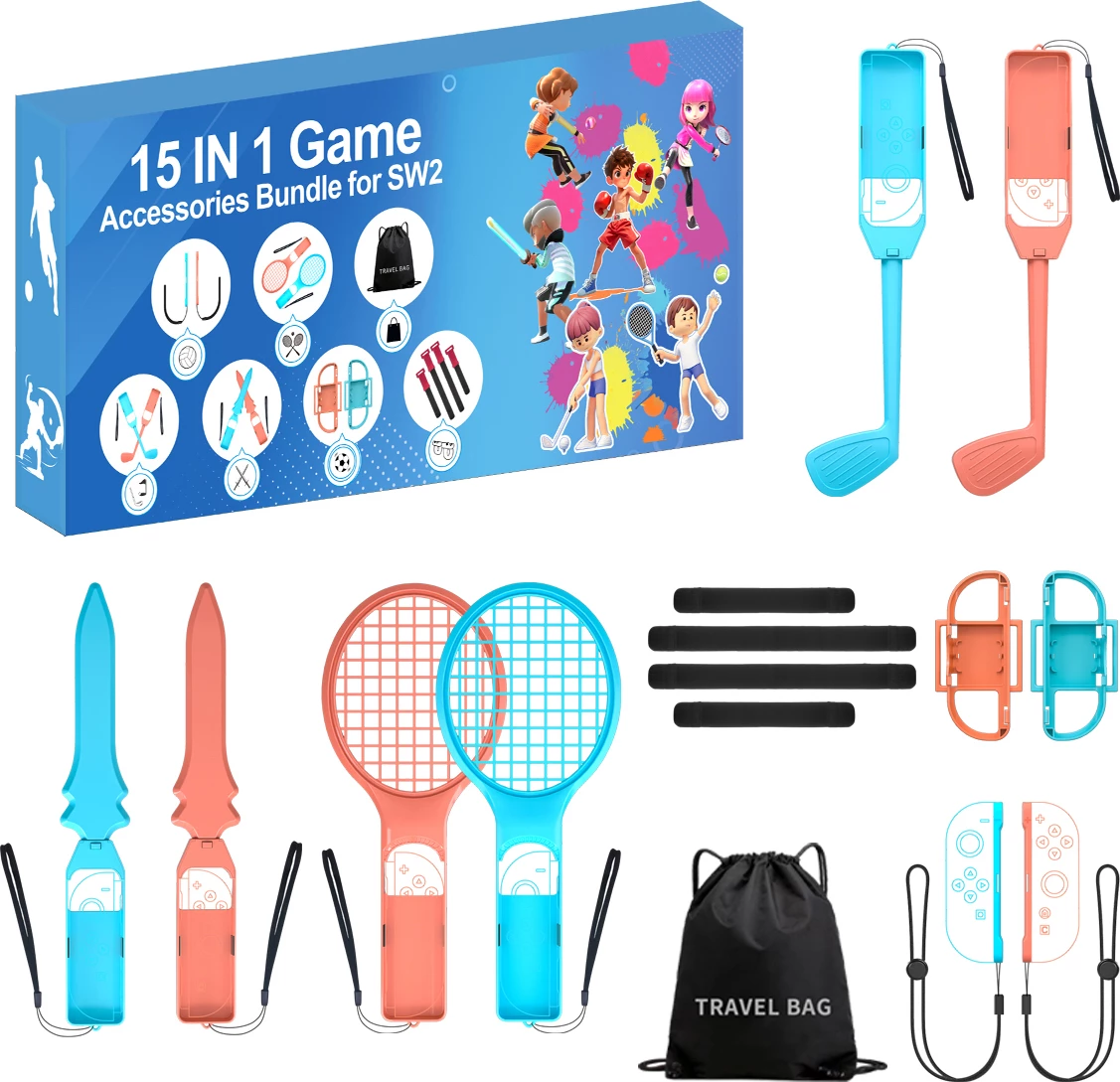 Set aksesorësh lojërash sportive për Nintendo Switch 2, Hurtel, Family Accessory Pack 2 15-in-1, me çantë udhëtimi, portokalli dhe kaltër, set 15 copë