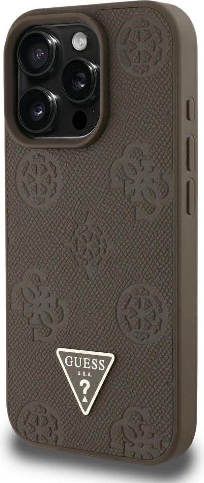 Mbështjellës Guess Grained Hot Stamp Peony Triangle Logo MagSafe për iPhone 16 Pro Max, Kafe