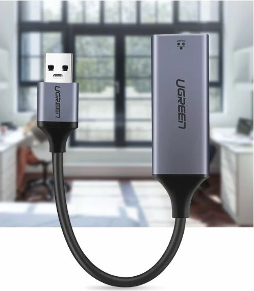 adapter rrjeti USB 3.0 në Gigabit Ethernet UGREEN 50922, Type-A RJ-45, 10/100/1000Mbps, kasë alumini, kabllo 10cm, gri, box