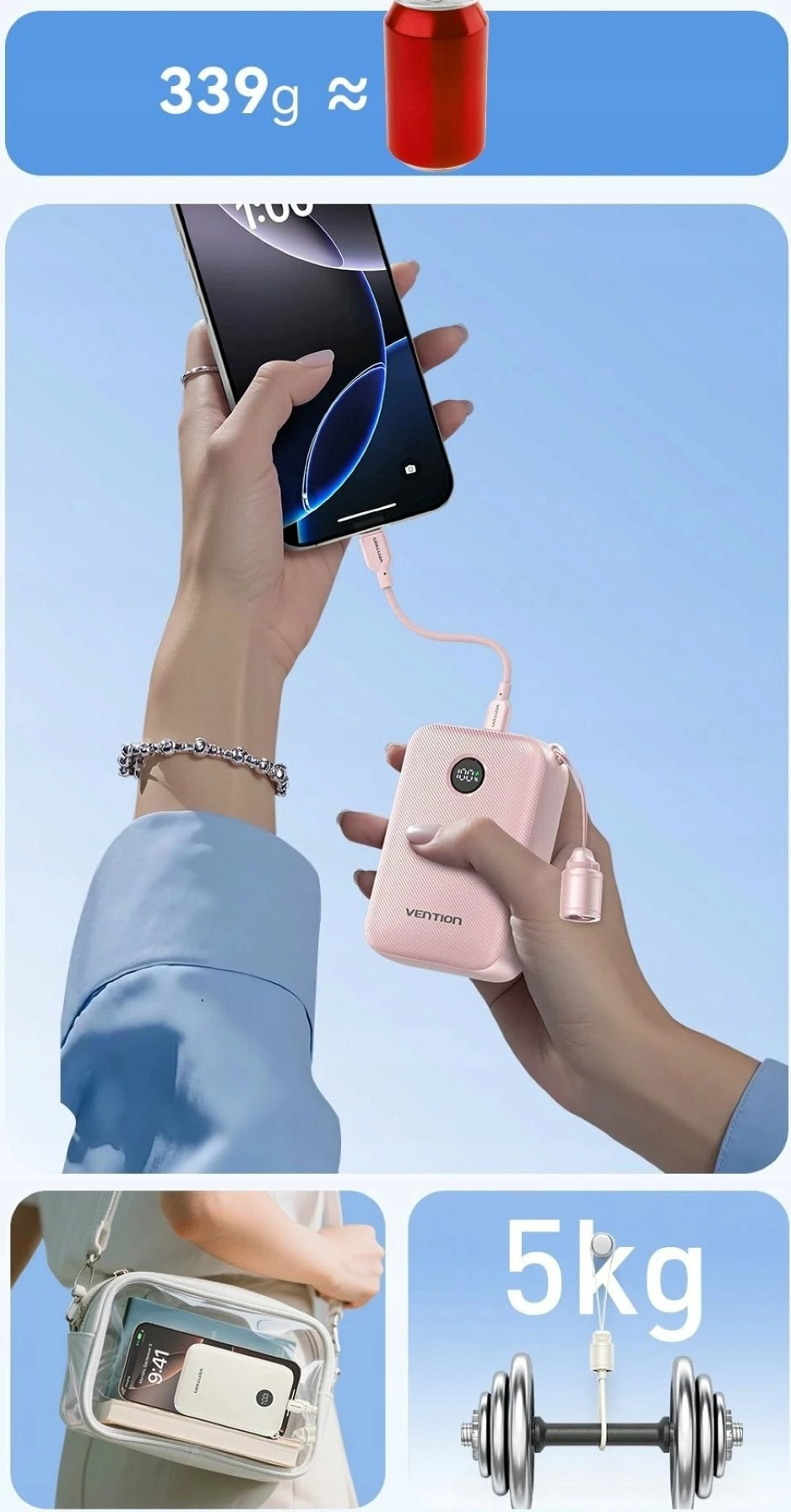 Powerbank Vention FKBP0-C 20000mAh 22.5W me display, pink