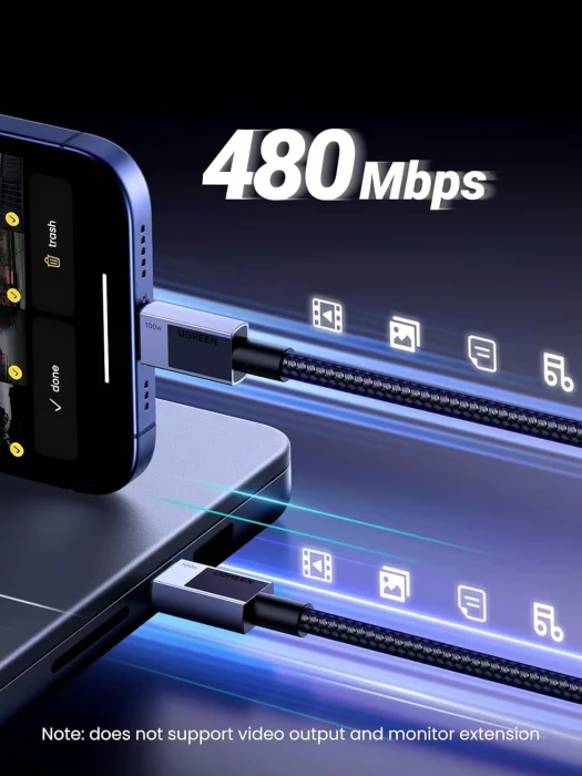 Kabllo karikimi USB-C në USB-C UGREEN 35985, 100W PD 3.0, 0.5m, e thurme (nylon), e zezë/gri