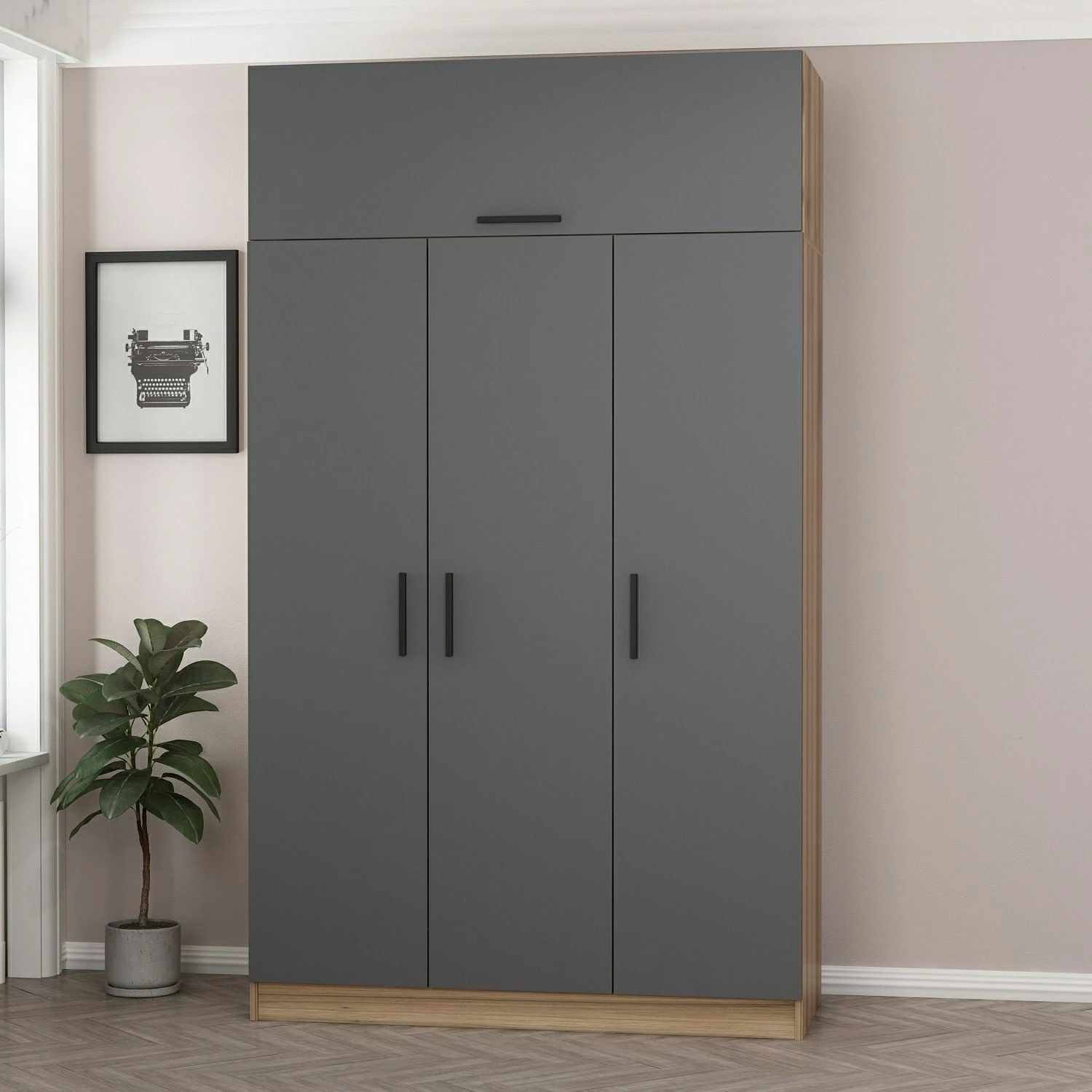 Dollap garderobe Skye Decor, 3 dyer, 2 sirtarë, 255cm, antracit-dore