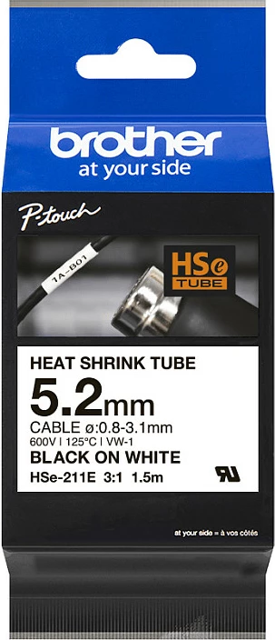 Kasetë tub termo-tkurës Brother P-touch HSe-211E, 5.2 mm, zi në të bardhë