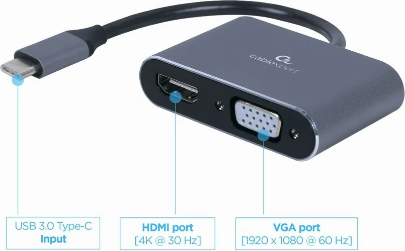 Adapter Gembird A-USB3C-HDMIVGA-01 USB-C në HDMI/VGA, Gri