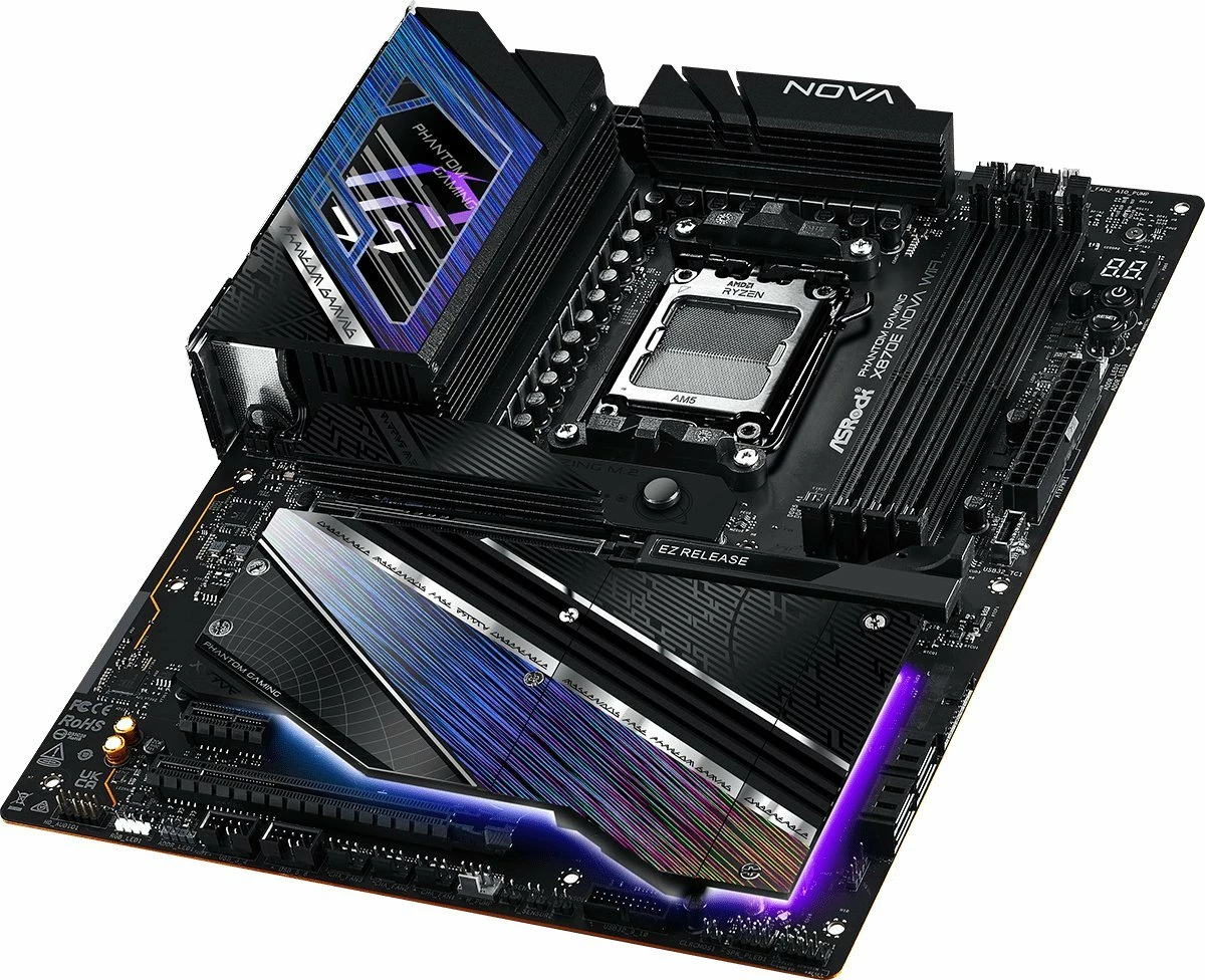 Pllakë amë ASRock X870E Nova WiFi Phantom Gaming ATX DDR5 256GB Wi‑Fi 7 USB4, e zezë/vjollcë, me antenë Wi‑Fi dhe kabllo SATA