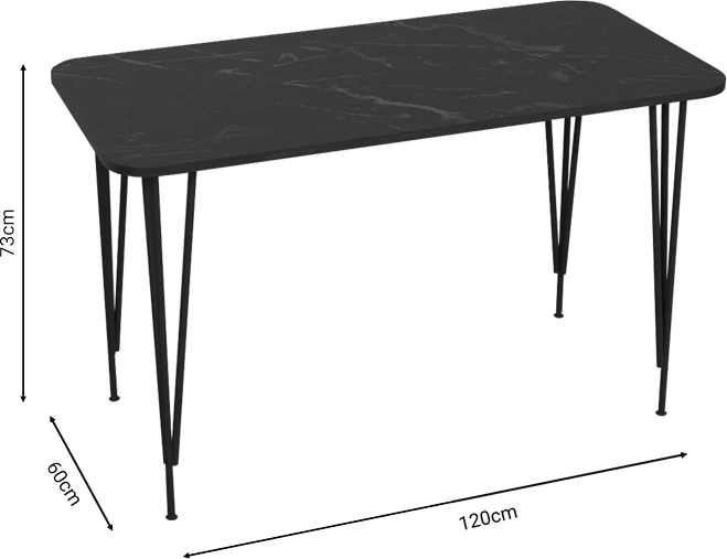 Tavolinë për ngrënie Palkon, ngjyrë mermeri të zi, melaminë-metal, 120x60x73cm