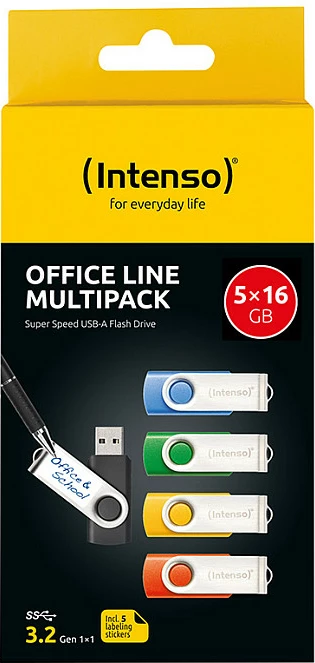 USB Stick Intenso Office Line 16GB, USB 3.2 Gen 1, Multipack x5, multicolor
