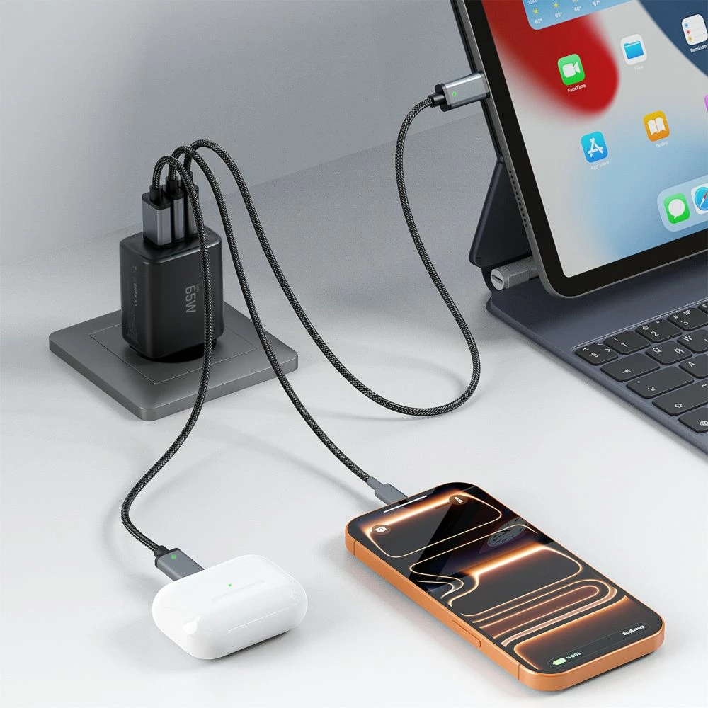 Karikues muri Tech-Protect NCA65W-GAN 65W GaN 3-port (2x USB-C/1x USB-A) PD/QC 3.0, i zi, set me kabllo USB-C 1m