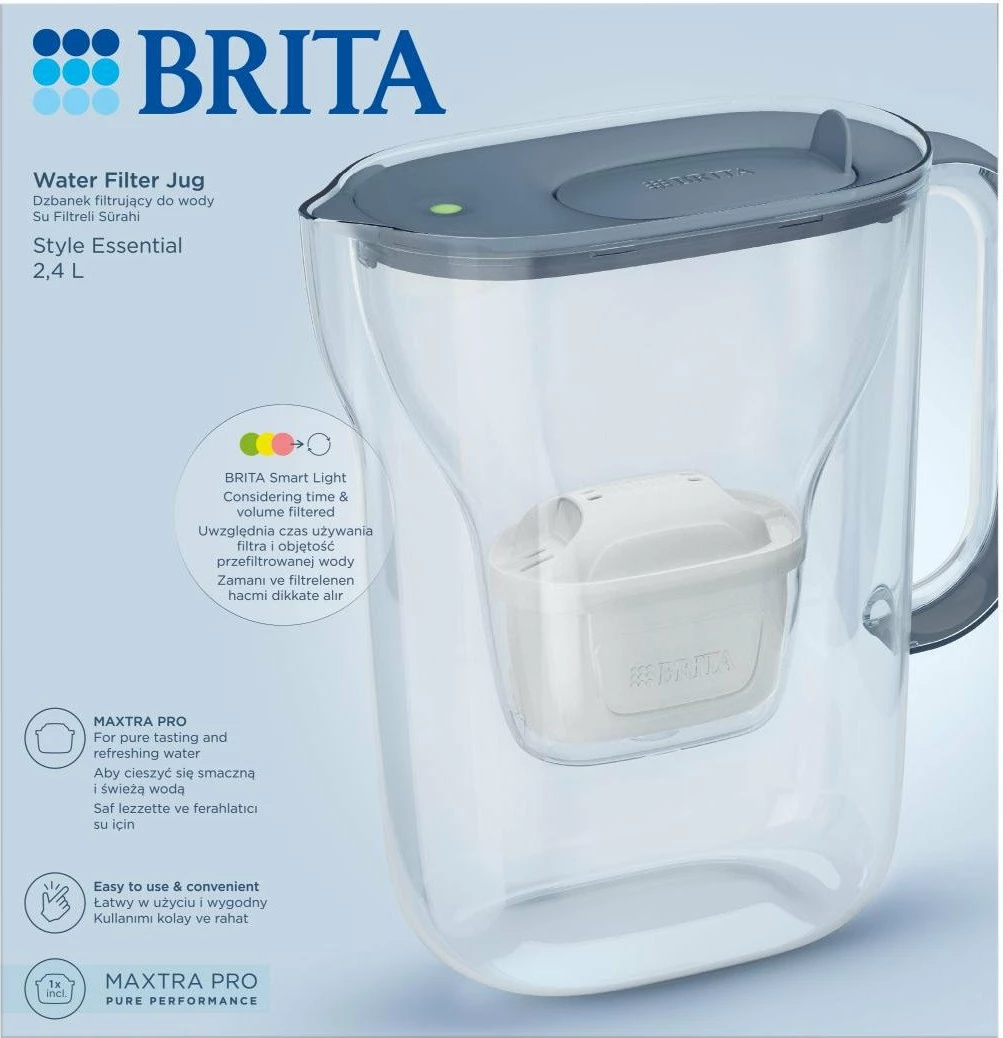 Kaniçe filtruese uji Brita Style Essential 2.4 L + filtër Maxtra Pro Pure Performance, grafit, set 1 copë
