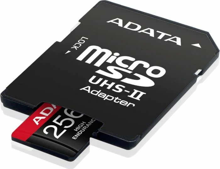 Kartelë memorje ADATA High Endurance microSDXC 256GB Class 10 UHS-I/U3 A2 V30 (AUSDX256GUI3V30SHA2-RA1), e zezë/kuqe, me adapter SD