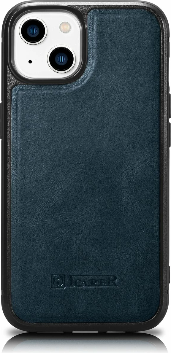 Mbështjellës iCarer për iPhone 14, lëkurë natyrale Oil Wax, Blu