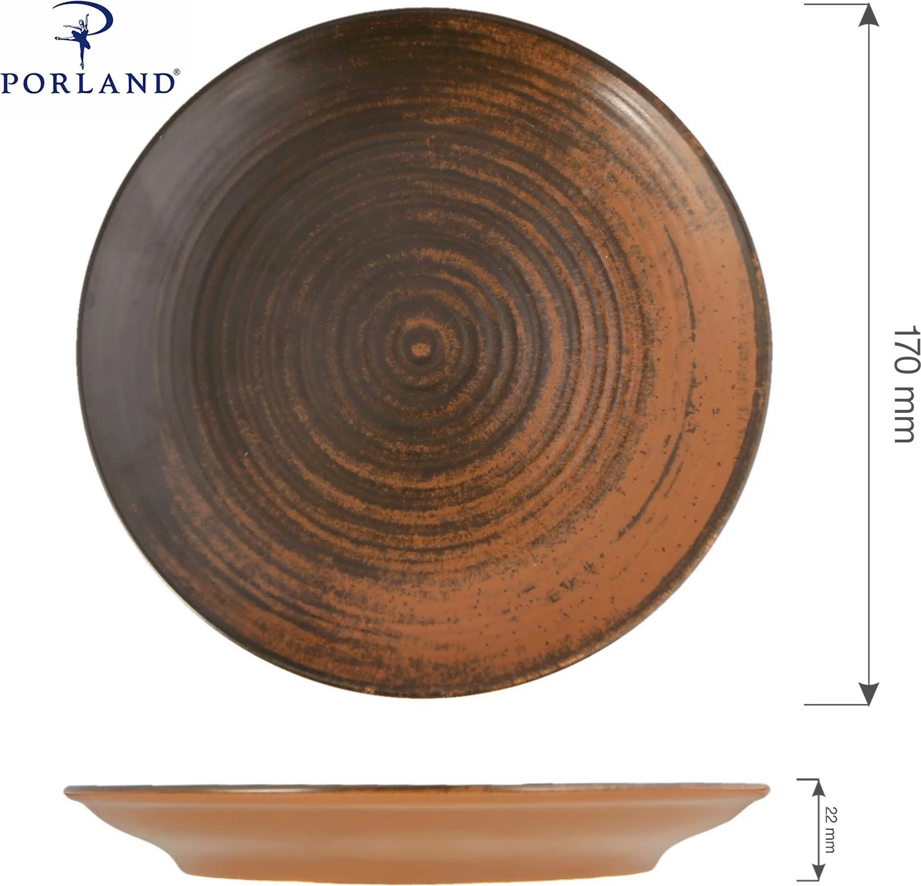 Pjatë e sheshtë Porland Lykke, Ø170 mm, porcelan, kafe, set 6 copë