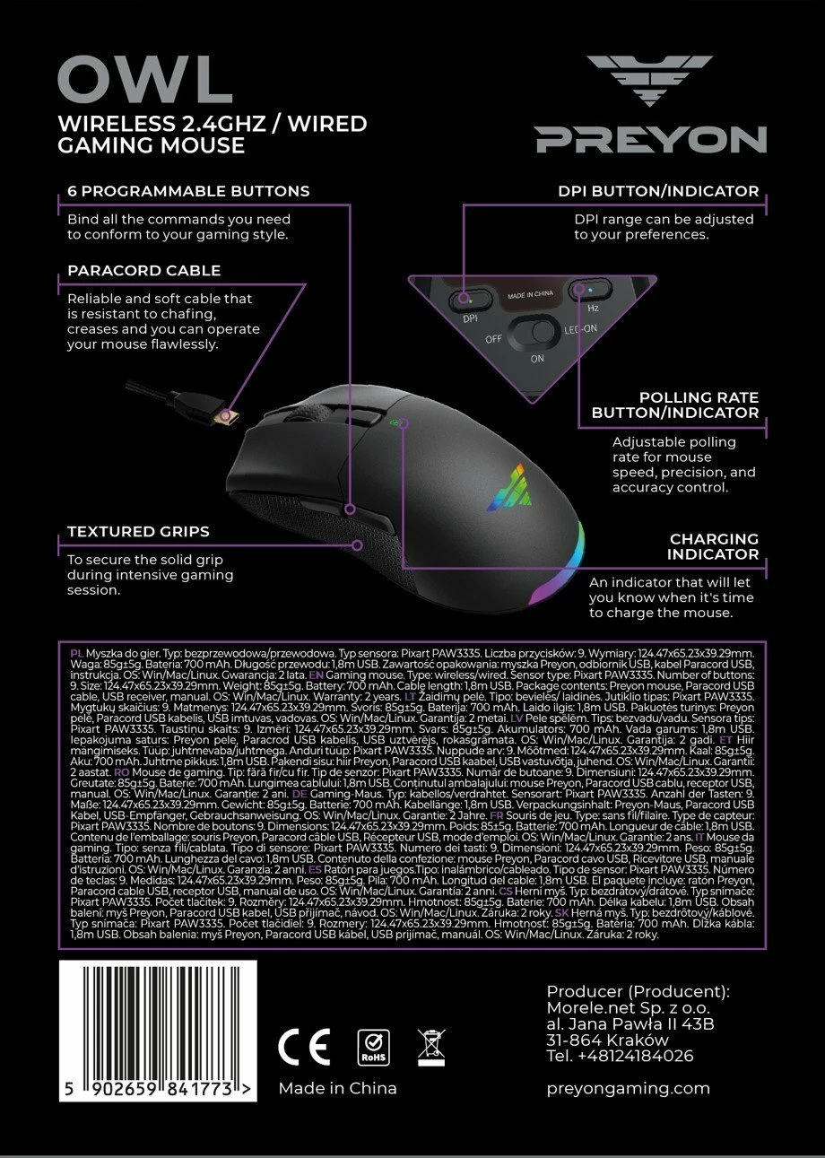 Maus gaming PREYON Owl Wireless POW35B, 16000 DPI, 2.4GHz/USB, RGB, i zi