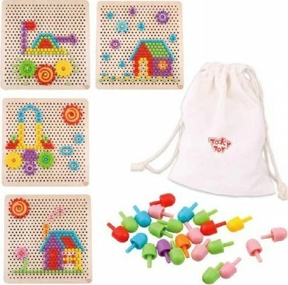 Puzzle mozaik me pina Tooky Toy, 288 elemente, bord druri, 3+ vjet, set me qese dhe katalog shabllonesh