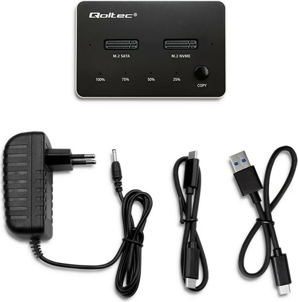Stacion dokimi SSD M.2 Qoltec 52274, NVMe/SATA, USB-C, 2x2TB, i zi