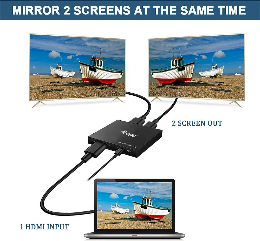 Splitter HDMI EQUIP 332715, 1x2, 4K Ultra HD 60Hz, USB powered, alumin, i zi