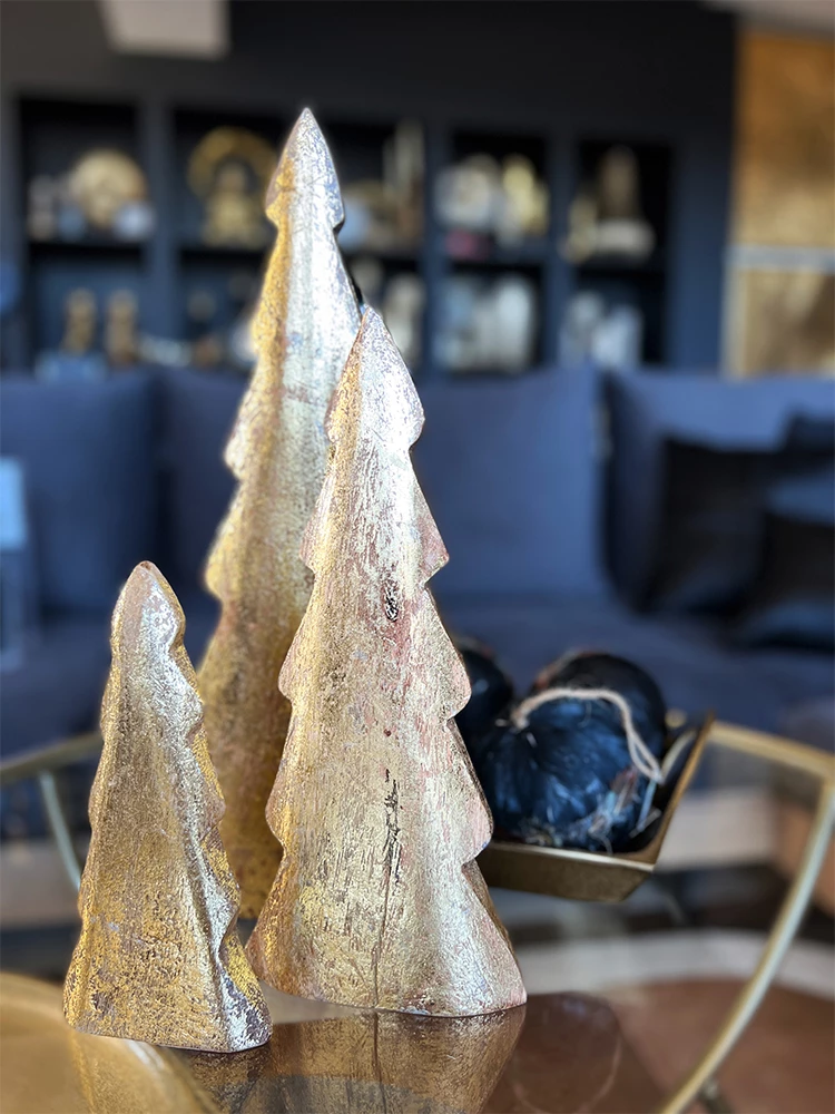 Dekor pemë për Krishtlindje, dru mango, ngjyrë ari, 14x3x30cm