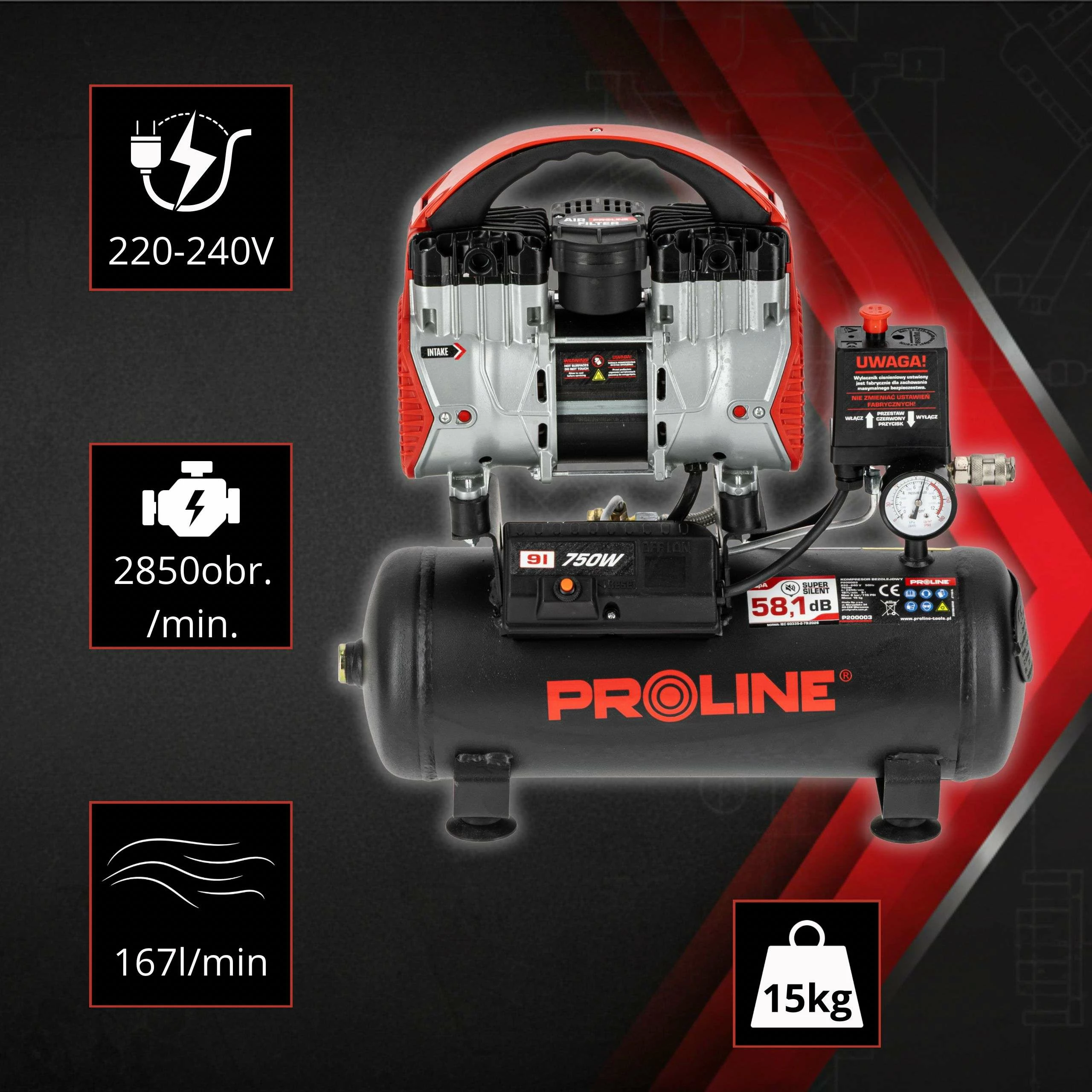 Kompresor ajri pa vaj PROLINE P200003, 9L, 750W/1HP, 8 bar, 167 L/min, kuqe/zezë
