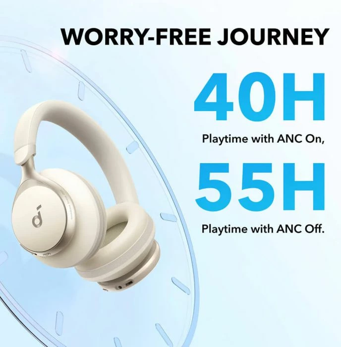 Kufje ANKER Soundcore Space One Bluetooth over-ear, ANC e rregullueshme, Hi-Res LDAC, 55h, krem, set me këllëf udhëtimi + AUX + USB-C