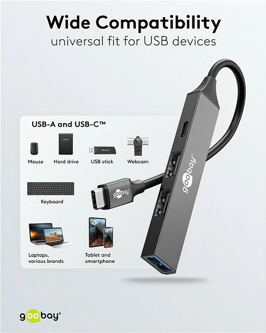 USB hub Goobay Slim, 4 porta, USB-C në USB-C/USB-A, 5 Gbit/s, gri
