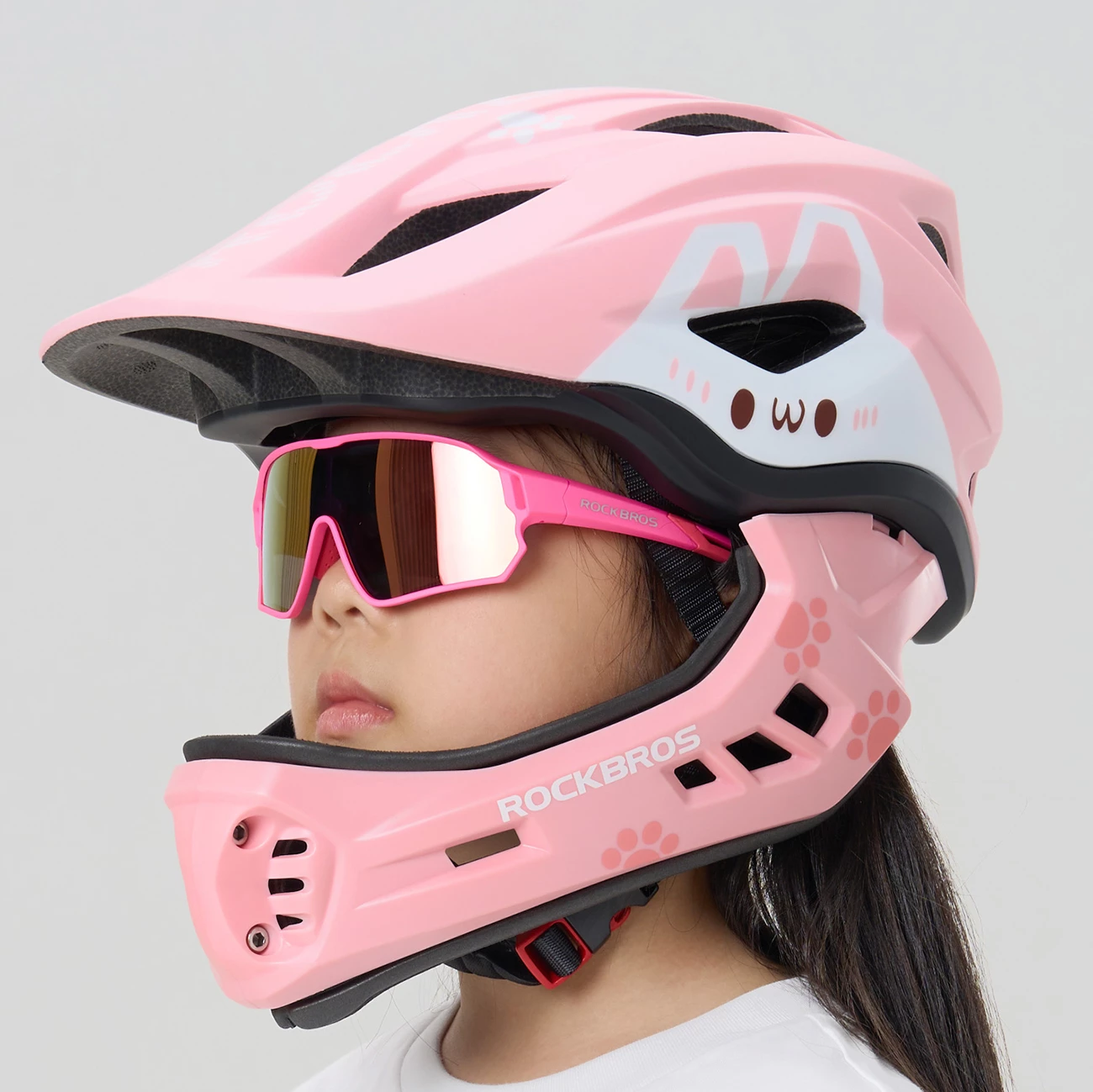 Helmetë biçiklete full-face Rockbros TT-32002 Rabbit, mjekër e heqshme, M 54-58 cm, rozë