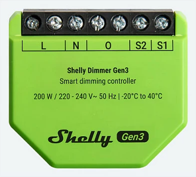 Dimmer Shelly Dimmer Gen3, wireless, kontroll me aplikacion, për LED, zi/lime