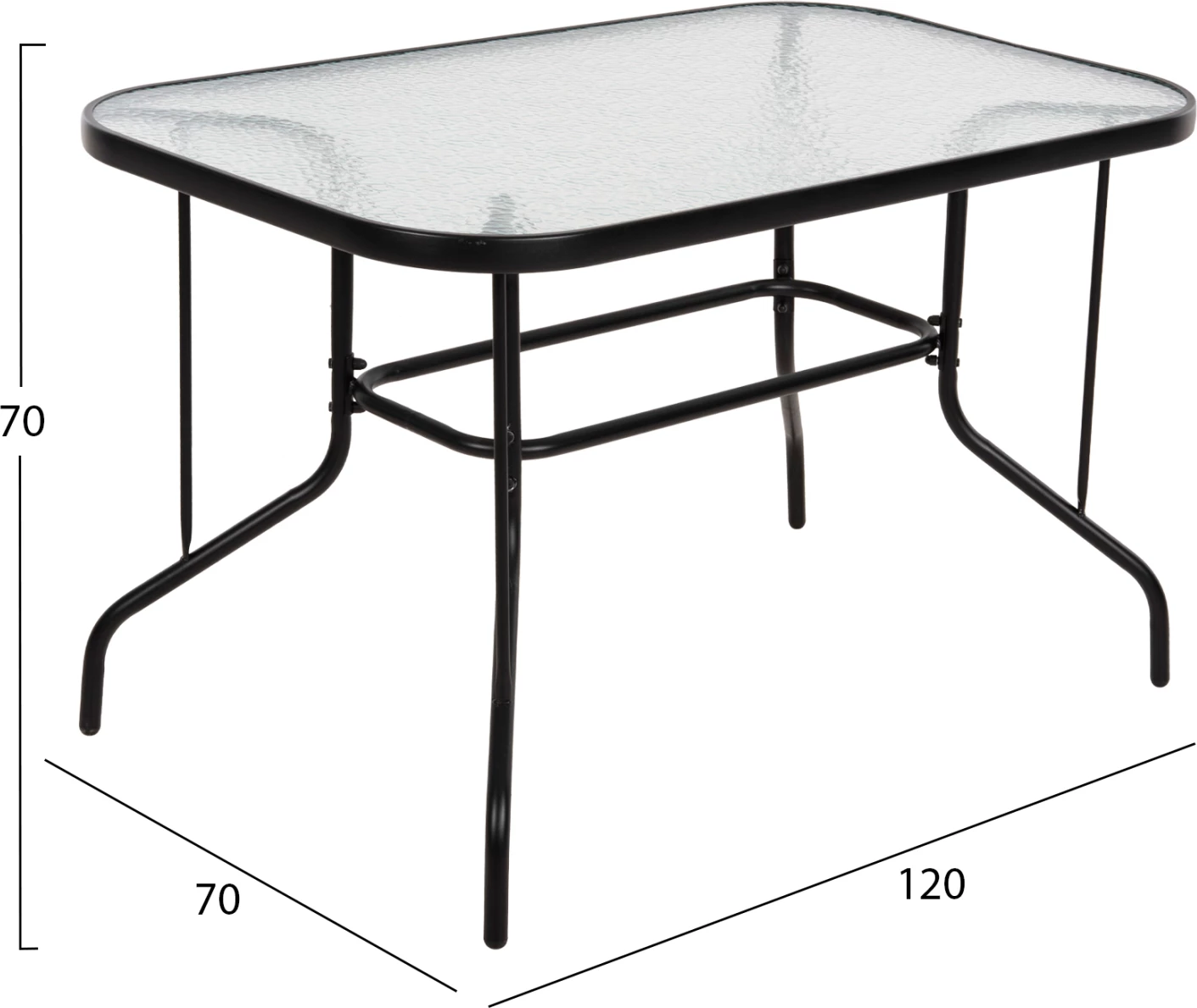 Tavolinë metalike për jashtë ADAM, e zezë me sipërfaqe xhami të forcuar, 120x70x70H cm