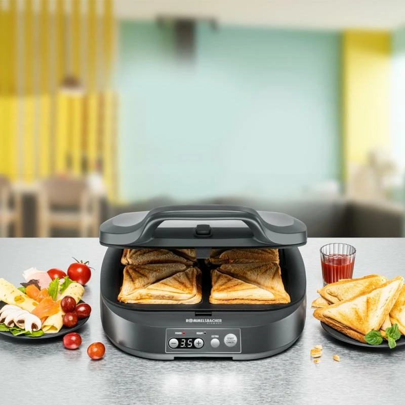 Aparat për sanduiçe, Rommelsbacher ST 1800, 4 XL, LED ekran me timer, veshje jo‑ngjitëse, antracit