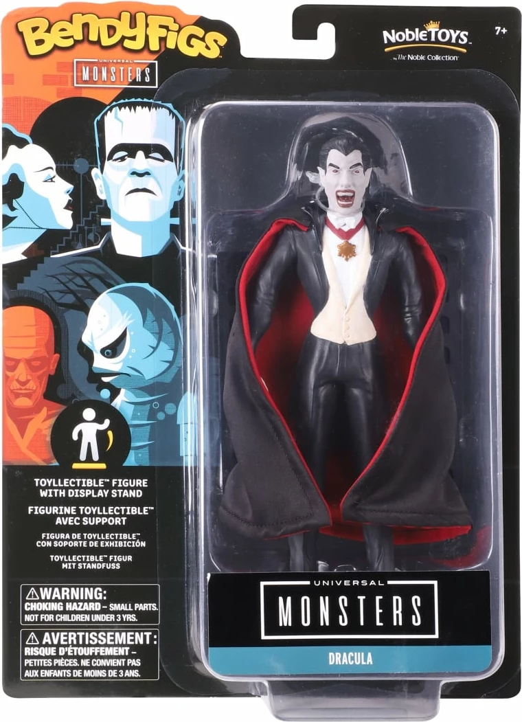 Figurinë Noble Collection Bendyfigs Universal Monsters Dracula 19 cm me pelerinë dhe stand, e zezë/kuqe
