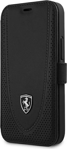 Mbështjellës Ferrari Off Track Perforated FEOGOFLBKP12SBK për iPhone 12 mini 5.4", me kapak, lëkurë natyrale, i zi