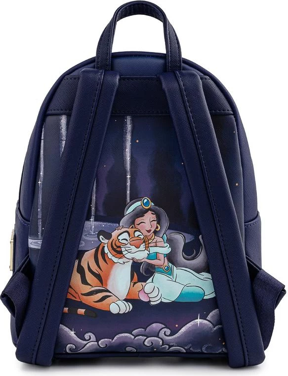 Çantë shpine mini Loungefly Disney Jasmine Castle, lëkurë vegane PU, 22.8 x 26.6 x 11.4 cm, blu e errët