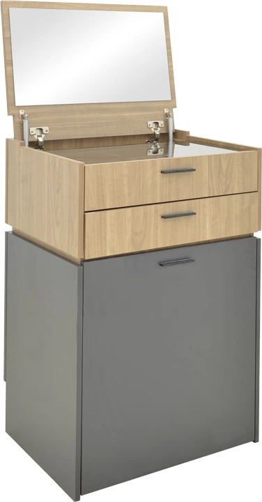 Tavolinë grimi Sonlen, ngjyrë gri e errët-dru arre i çelët, me pasqyrë dhe stol, 60x45x122cm