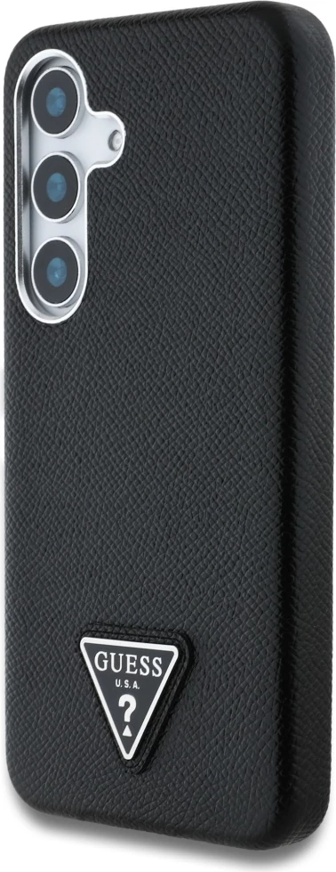 Mbështjellës Guess Grained Triangle Logo MagSafe për Samsung Galaxy S25, i zi