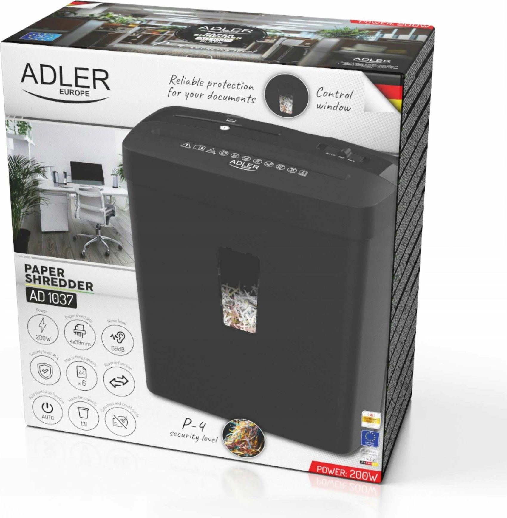 Shkatërrues dokumentesh Adler AD 1037, P-4, 200 W, kosh 13 L, deri 6 fletë, i zi