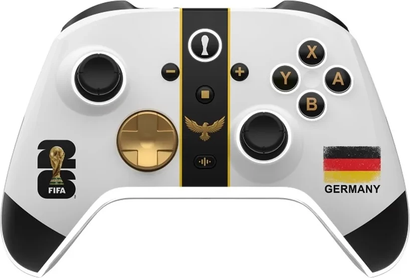 Kontroller pa kabllo DRAGONSHOCK Aurora+ Germany, Bluetooth, Hall Effect, RGB, bateri 800 mAh, për Switch/Switch OLED/Switch 2, PC & mobil, me kabllo USB-C 2 m, bardhë/zezë me detaje ari