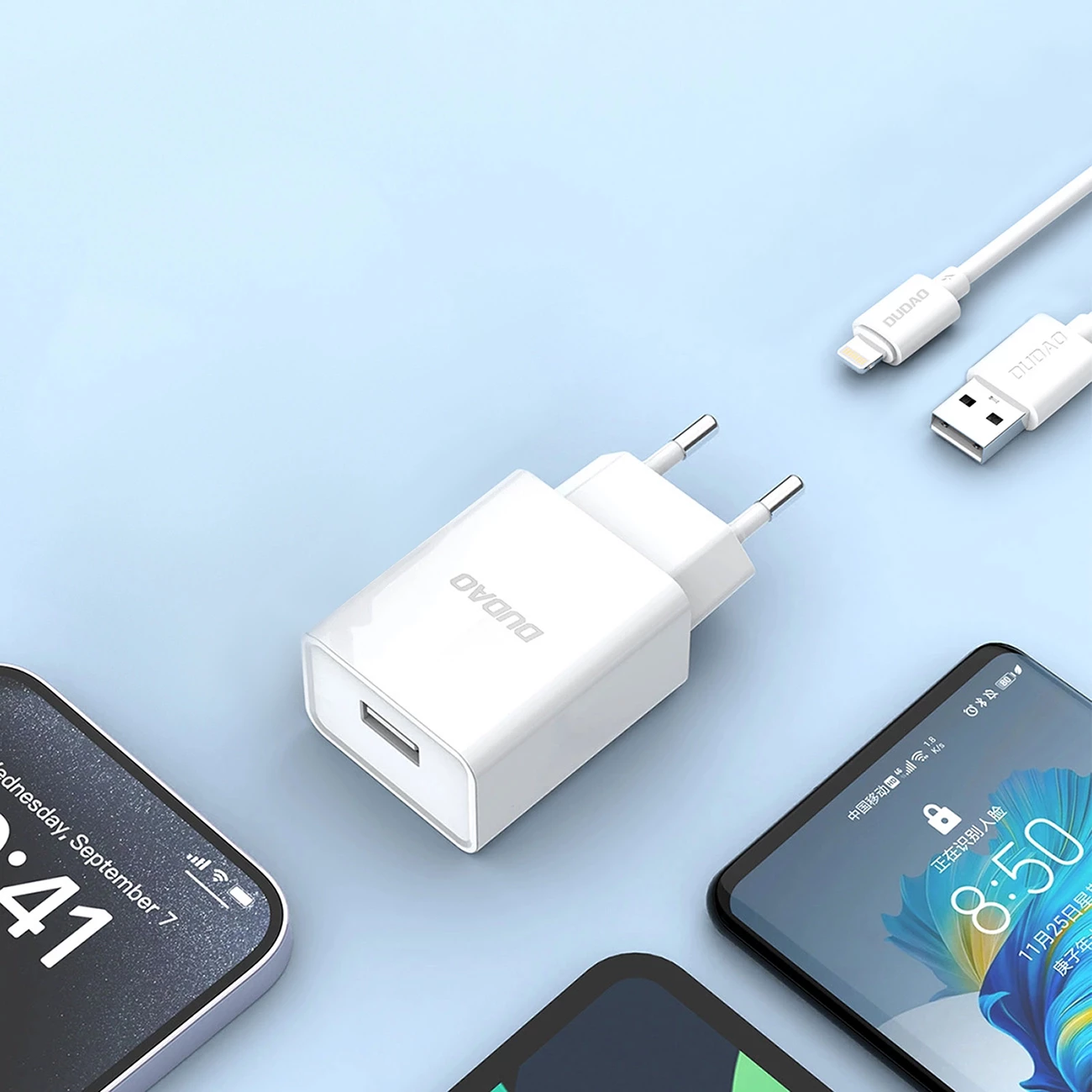 Karikues muri Dudao A4EU me USB-A 2.1A, me kabllo USB-A në Lightning, Bardhë
