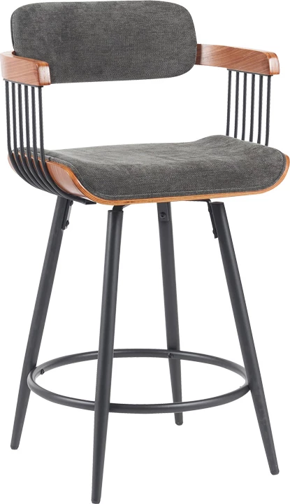 Karrige për bar Cameo, metal i zi, dru arre, material gri e errët, 53x50x93cm