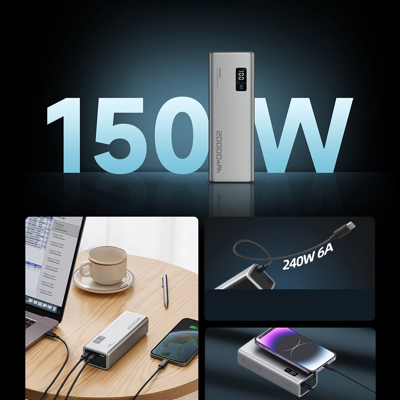 Powerbank Cuktech P+Series No. 15 20000mAh 150W gri pa kabëll