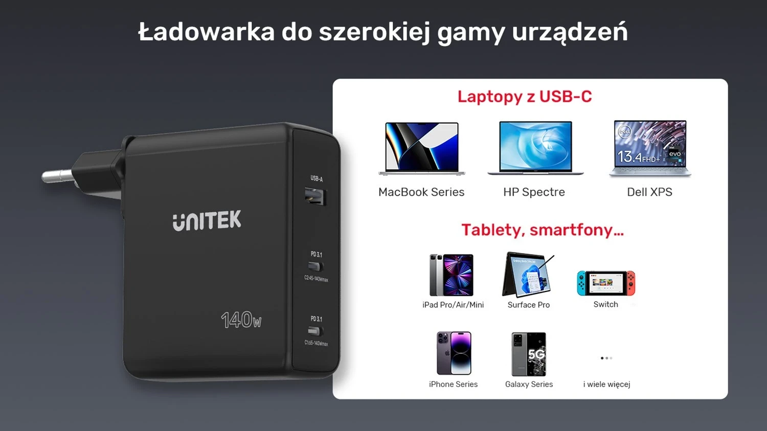 Karikues Unitek GaN me 3 porta, 140W, ngjyrë e zezë