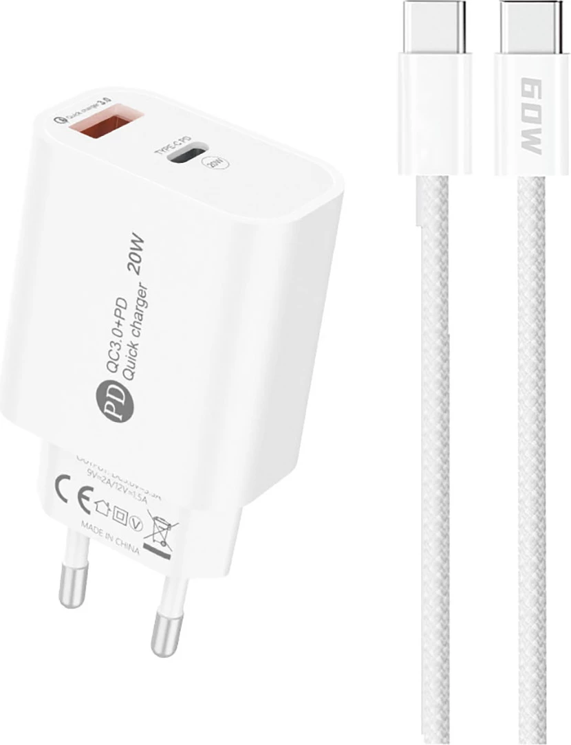 Karikues muri Hurtel A6MaxL, 20W, 2 porta USB-A/USB-C, me kabllo USB-C - USB-C 1m, Bardhë