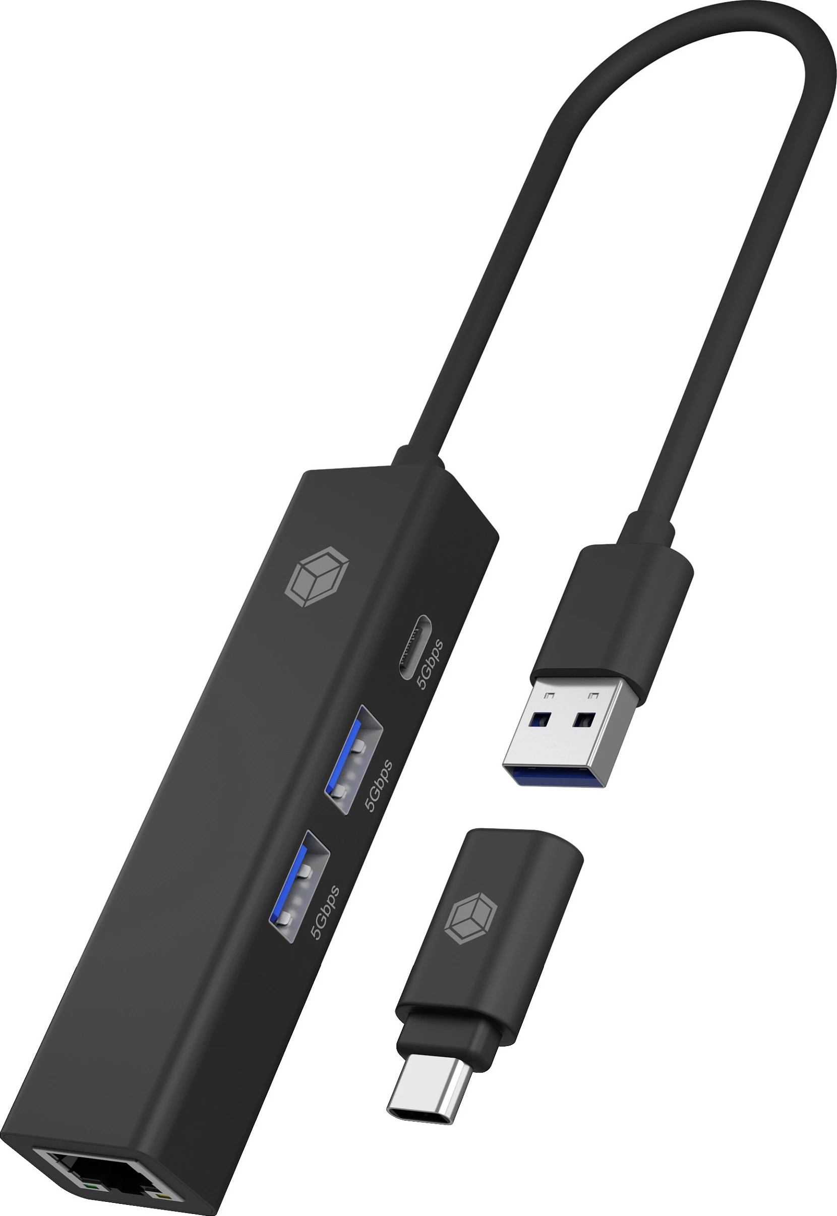 USB Hub ICY BOX IB-HUB1439, 2x USB 3.2 Gen1 + LAN Gigabit, me adapter USB-C, i zi