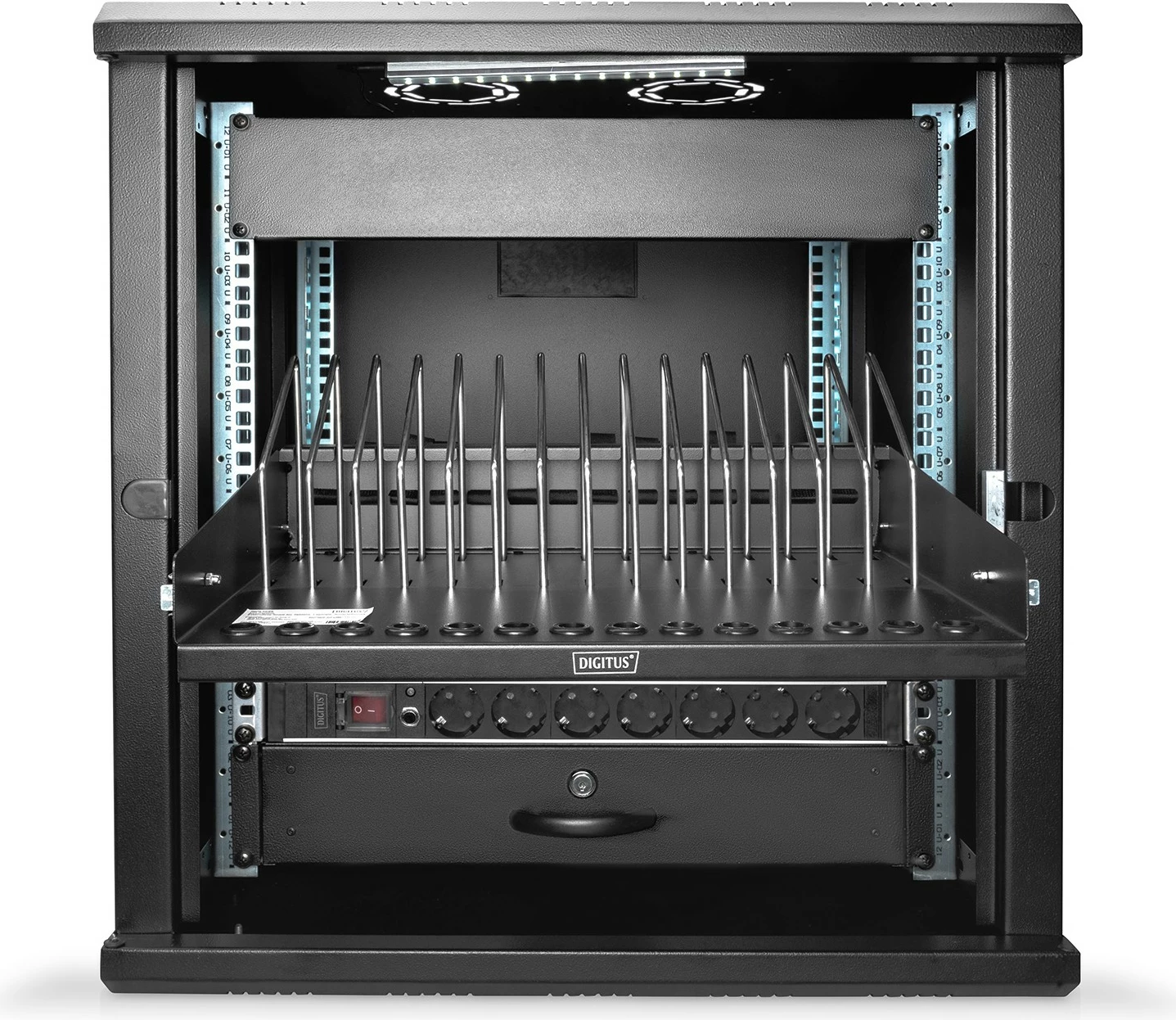 Raft i tërheqshëm Digitus për 14 pajisje, 19 inç, 50 kg, i zi