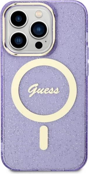 Mbështjellës Guess GUHMP14LHCMCGU për iPhone 14 Pro 6.1", Glitter Gold MagSafe, vjollcë