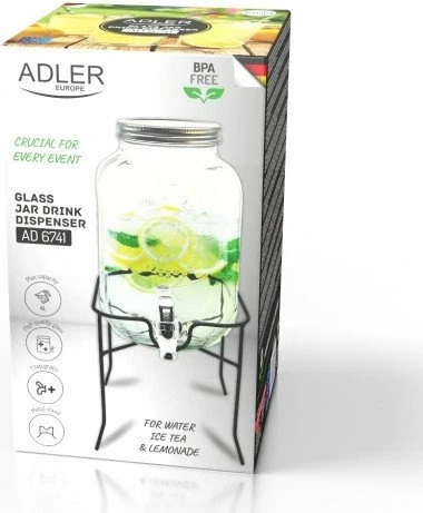 Kavanoz për pije me rubinet Adler AD 6741, 4 L, transparent, me stand metalik + rubinet rezervë